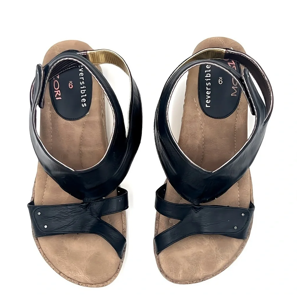 Modzori Palmyra Low Wedge Travel REVERSIBLE Sandal Black, Gold & Silver Size 9